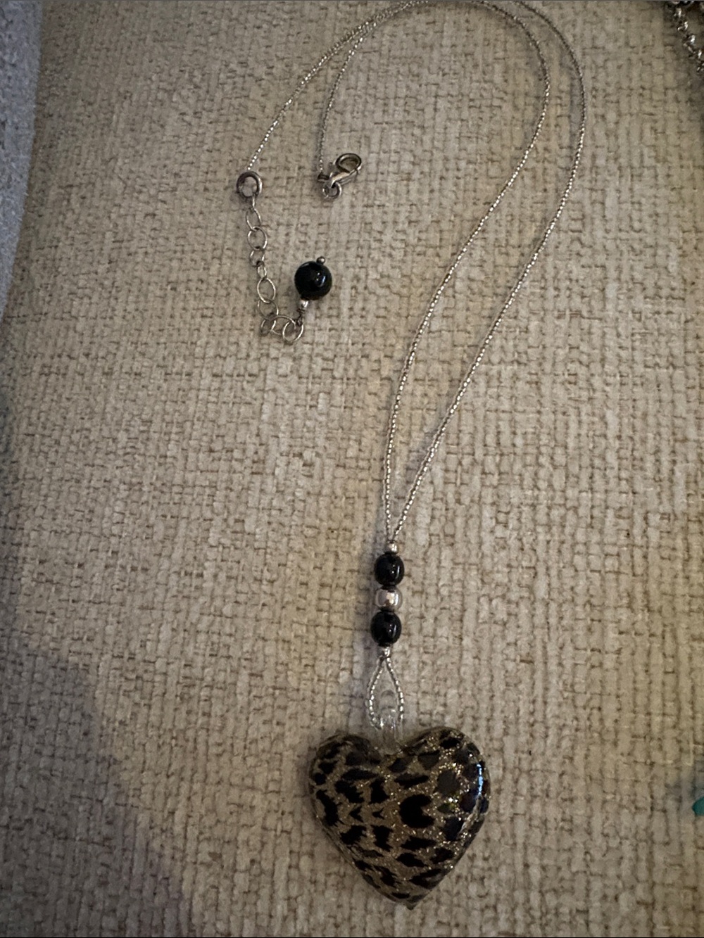 Leopard Heart Pendant Necklace - Silver Chain with Black Accent Beads